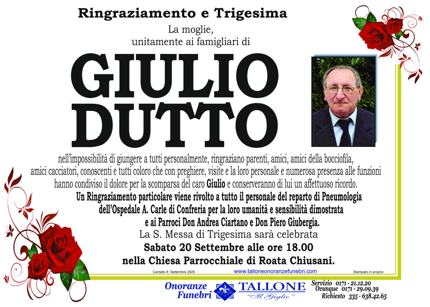 <br />
<b>Warning</b>:  Undefined variable $info in <b>/home/tallone/public_html/ringraziamenti.php</b> on line <b>68</b><br />
Giulio Dutto